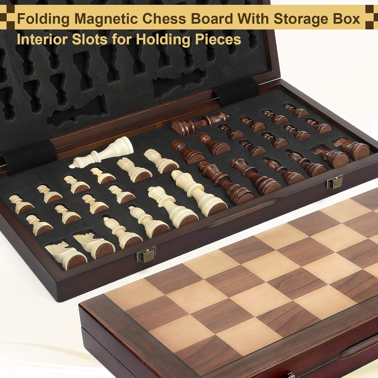 Magnetic Wooden Chess Board and Set for All, Adults and Kids, 15'', Folding Portable Travel Unique Chess Set for Tournaments, Suitable for Professionals and Beginners