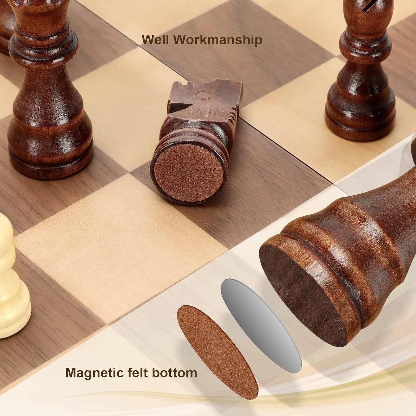 Magnetic Wooden Chess Board and Set for All, Adults and Kids, 15'', Folding Portable Travel Unique Chess Set for Tournaments, Suitable for Professionals and Beginners