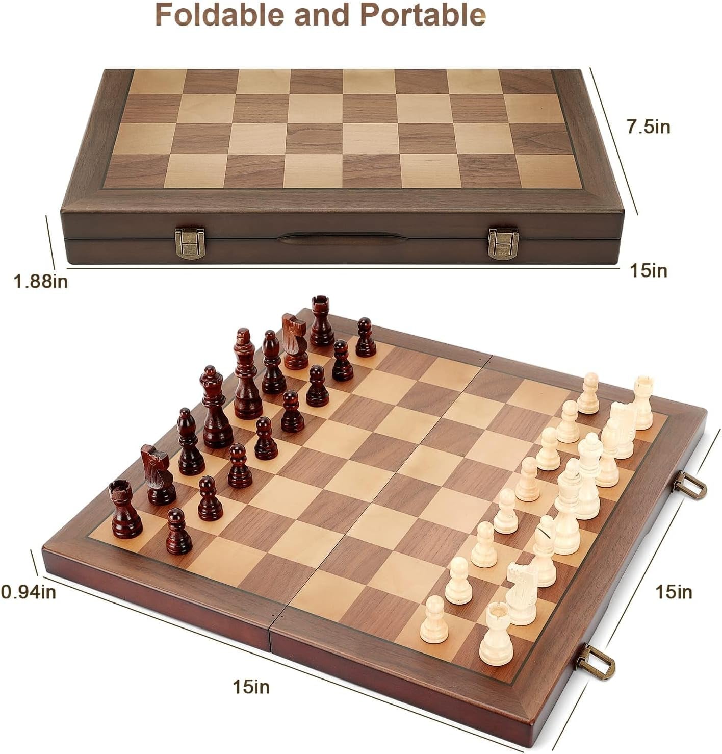 Magnetic Wooden Chess Board and Set for All, Adults and Kids, 15'', Folding Portable Travel Unique Chess Set for Tournaments, Suitable for Professionals and Beginners