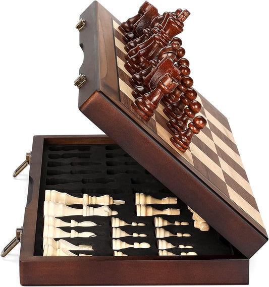 Magnetic Wooden Chess Board and Set for All, Adults and Kids, 15'', Folding Portable Travel Unique Chess Set for Tournaments, Suitable for Professionals and Beginners