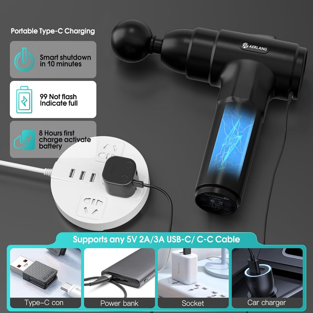 Massage Gun, Deep Tissue Muscle Back Massage for Women and Athletes Pain Relief, Percussion Massager with 6 Massages Heads & 20 Speed Portable Back Massager Gun