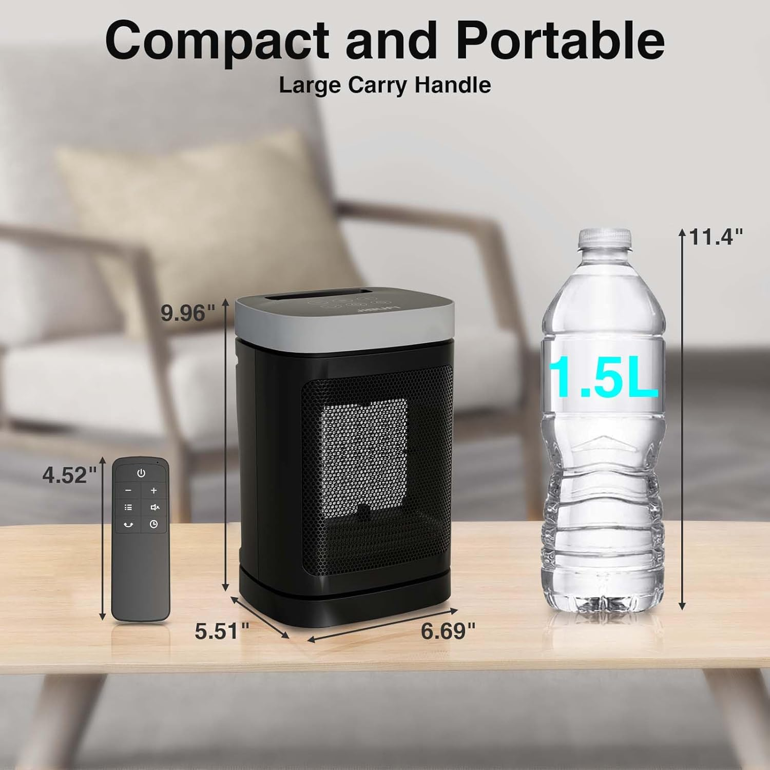 Portable Space Heater for Indoor Use - with 70°Rotating Feature, 1500W PTC Electric Heater, Rapid and Safe Heating, Remote Control, 1-12 Hr Timer for Bedroom, Office