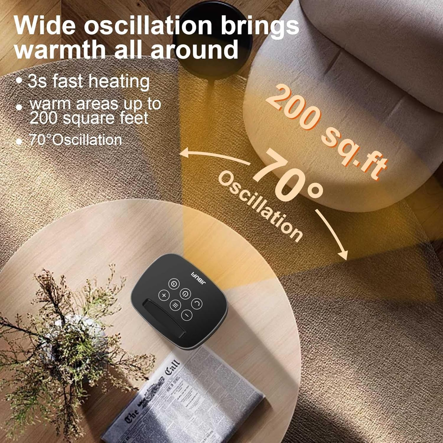 Portable Space Heater for Indoor Use - with 70°Rotating Feature, 1500W PTC Electric Heater, Rapid and Safe Heating, Remote Control, 1-12 Hr Timer for Bedroom, Office