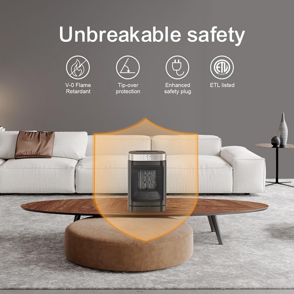 Portable Space Heater for Indoor Use - with 70°Rotating Feature, 1500W PTC Electric Heater, Rapid and Safe Heating, Remote Control, 1-12 Hr Timer for Bedroom, Office