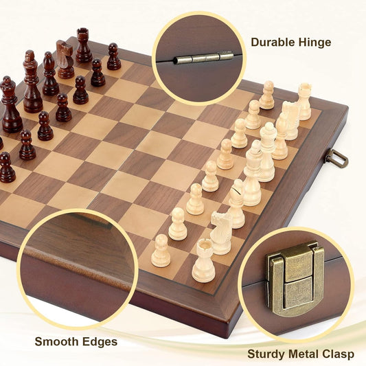 Magnetic Wooden Chess Board and Set for All, Adults and Kids, 15'', Folding Portable Travel Unique Chess Set for Tournaments, Suitable for Professionals and Beginners